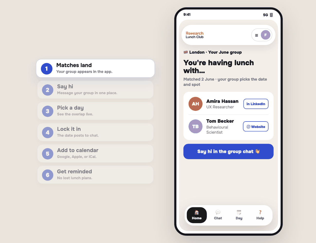 The Research Lunch Club app cycling through its core flow: see your match, say hi, pick a day, lock it in, add to calendar, get reminded